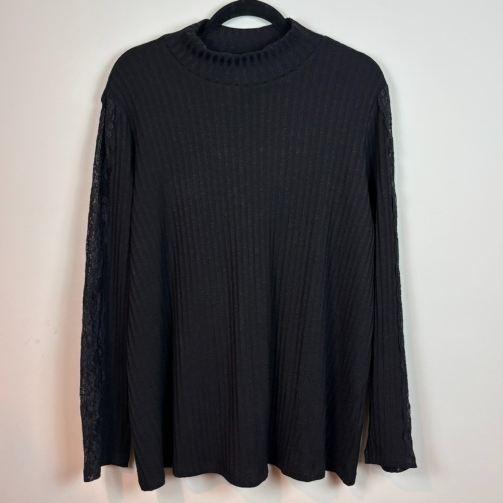 Susan Graver Womens Textured Lace Lined Long Sleeve Black Tee Size 1X High Neck